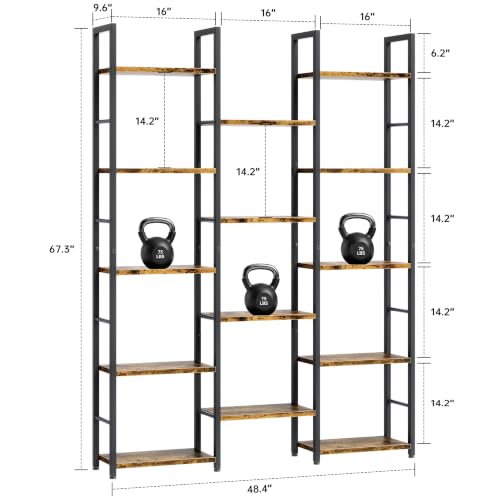 Shintenchi 5 Tier Large Bookcase - Tall Open Shelves Triple Bookcase