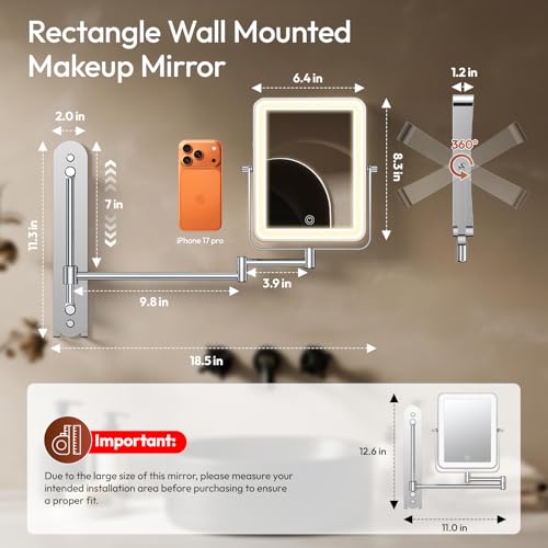 Height Adjustable Wall Mounted Lighted Makeup Mirror with Lights, 10X Magnifying Mirror for Bathroom, 7in Slide Rail and 360¡Æ Extended Arm, Rechargeable Wall Mirror with Dual Hooks for Hotel