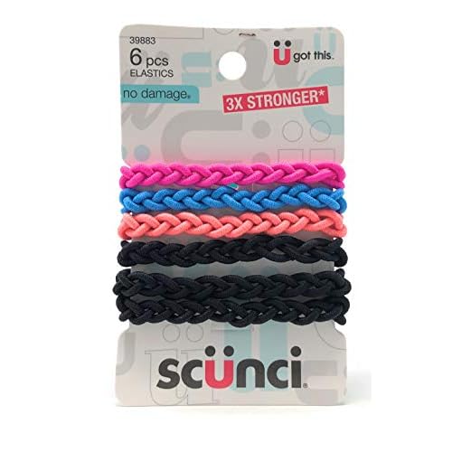 Scunci Everyday & Active Braided No Damage and Super Comfy Hair Elastics Bundle - Black and Multi-Colored, 3 Packs (18 Count)