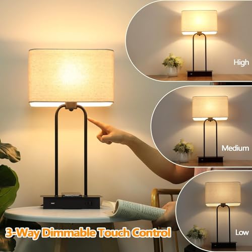 Modern Black Wireless Charging Table Lamp Set of 2 - Dimmable Touch Control, USB & Outlet
