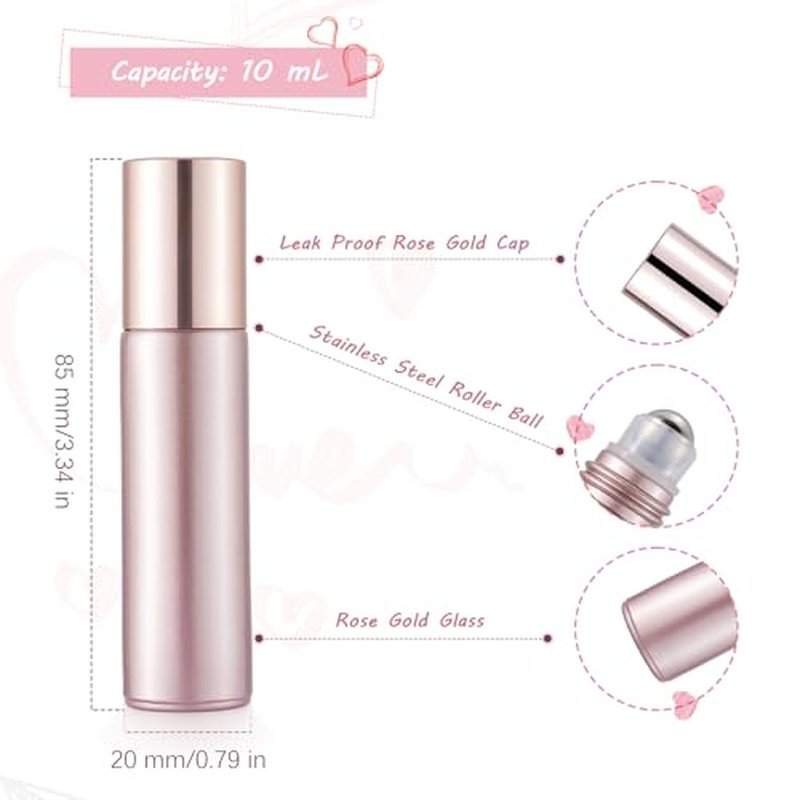 10 Pack 10mL Essential Oil Roller Bottles Empty Glass Roll On Bottles Rose Gold with Stainless Steel Ball Applicator for Perfume Refillable Leak Proof Travel Portable DIY Craft Eye Care Sample
