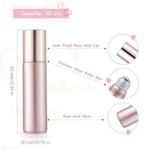 10 Pack 10mL Essential Oil Roller Bottles Empty Glass Roll On Bottles Rose Gold with Stainless Steel Ball Applicator for Perfume Refillable Leak Proof Travel Portable DIY Craft Eye Care Sample