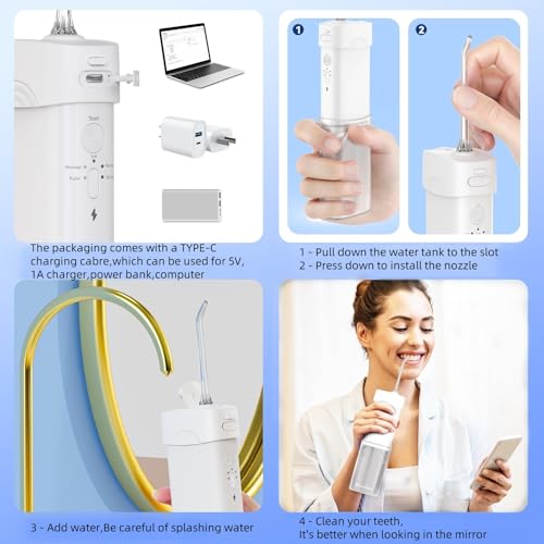 White Portable Cordless Water Flosser with 5 Modes, Travel Size, IPX7 Waterproof, 200ML, Rechargeable