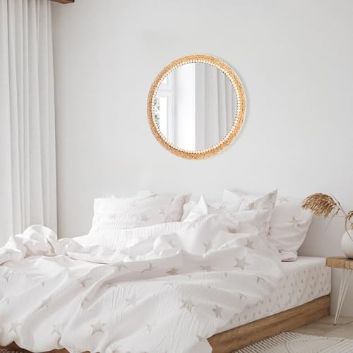 21 Inch Boho Round Wall Mirror with Rattan & Wooden Beads - Farmhouse Decor - Variation: Wood