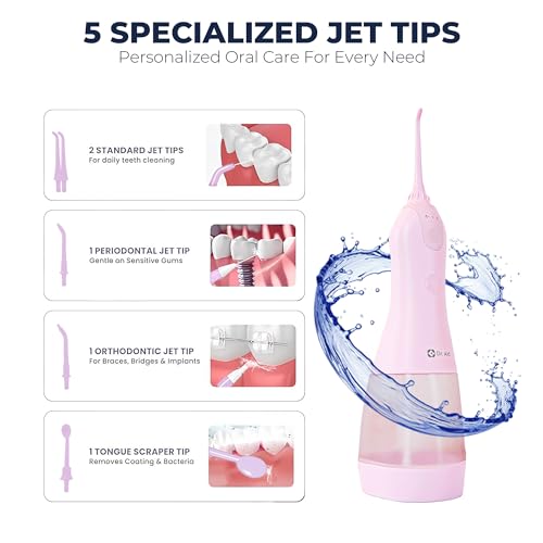 Portable Water Flosser with 11oz Tank IPX8 Waterproof Pink & 5 Tips