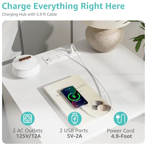 White Wooden Nightstand with Charging Station and LED Lights - Modern Bedside Table with 2 Drawers
