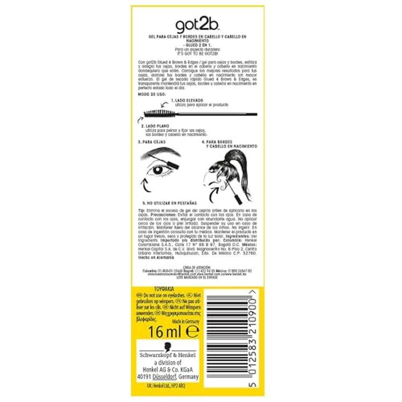 got2b Glued for Brows & Edges 2 in 1 Wand Eyebrow Gel, 72hr Hold, No White Residue or Stickness, Vegan, Silicone Free, Alcohol Free, 16 ml