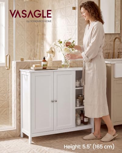 VASAGLE Bathroom Floor Cabinet with Adjustable Shelves - Cloud White, 2 Doors + 3 Open Shelves