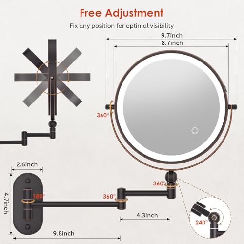 9" Wall Mounted Lighted Makeup Mirror,4000mAh Rechargeable Double Sided 1X/30X Magnifying Mirror with Light,Touch Dimmable,Extended Arm 360 Rotation Wall Mounted Makeup Mirror 3 Color Lights-Bronze