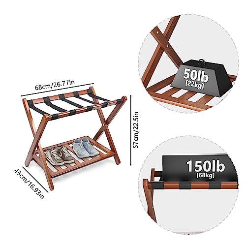 Walnut Fully Assembled Luggage Rack with 5 Nylon Straps – Foldable Suitcase Stand for Guest Room