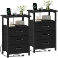 Nightstand Set of 2 with Charging Station - Bedside Table with USB Ports, Outlet & 3 Fabric Drawers (Black) (2 Pieces)