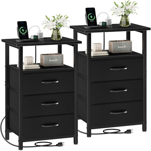 Nightstand Set of 2 with Charging Station - Bedside Table with USB Ports, Outlet & 3 Fabric Drawers (Black) (2 Pieces)