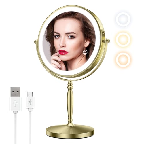 Matekxy 8" Lighted Makeup Mirror with Magnification - 1X/10X Magnifying Desk Mirror with Rechargeable LED Lights, 3 Colors Dimmable Tabletop Mirror, Brass Gold