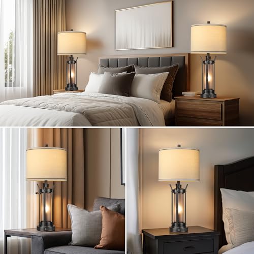QiMH 26 Inch Rustic Black Table Lamp Set - Farmhouse Bedside Lighting with USB Ports - Style 1
