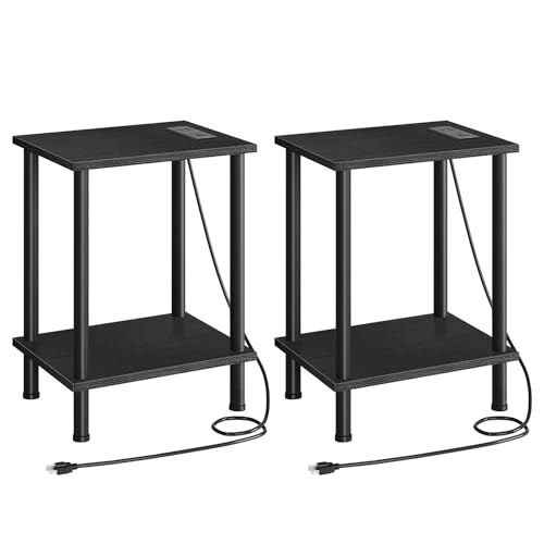 Side Table with Charging Station Black - Set of 2 End Tables with USB & Outlets