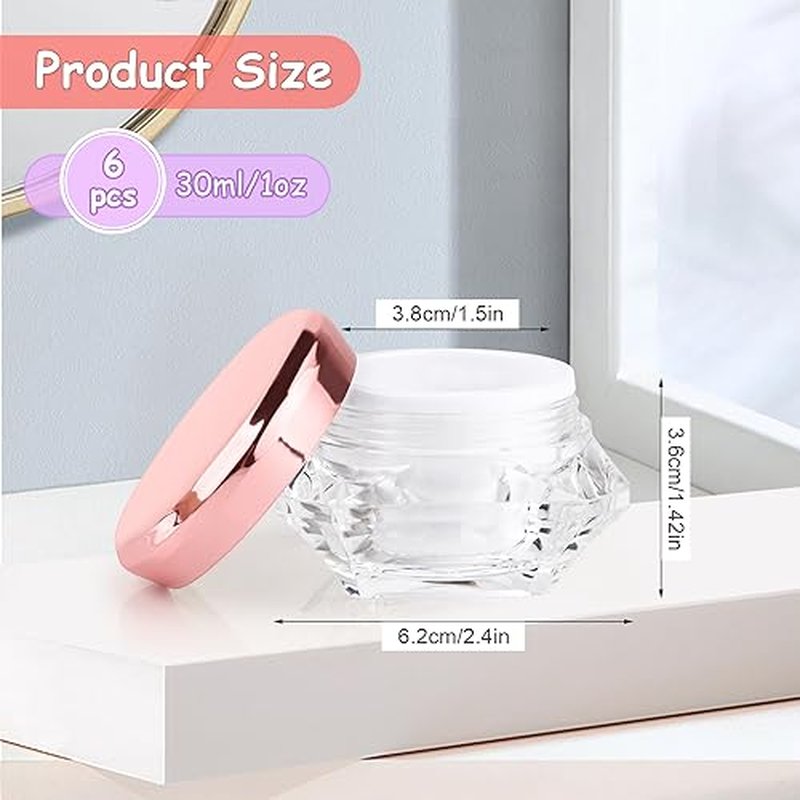 6pcs 30ml/1oz Empty Clear Plastic Diamond-shape Cream Jars with Pink Lid and White Inner Lining,Cosmetic Sample Pot Container,Scrub Storage Box,Makeup Bottles for Eye Shadow,Gel,Foundation