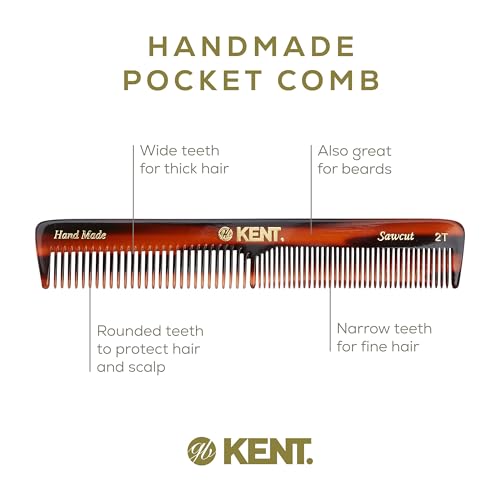 Kent 2T Fine and Wide Tooth Comb For Men, for Small Beard and Mustache, Daily Hair Styling and Mens Grooming Comb, All Hair Types, Handmade Sawcut and Polished in England