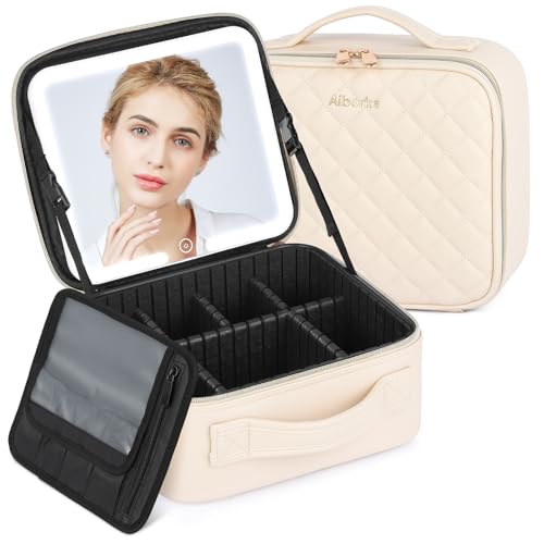 Travel Makeup Bag with Lighted LED Mirror & Adjustable Dividers