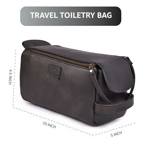 Genuine Leather Travel Toiletry Bag for Men & Women ? Premium Water-Resistant Large Dopp Kit, Shaving Organizer & Compact Bathroom Essentials Case - Black