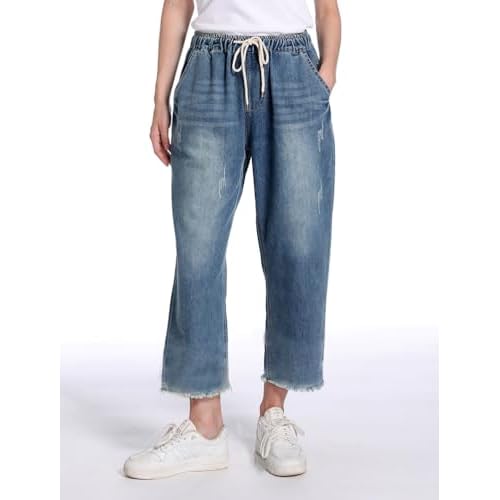 Lavnis Women's Cropped Jeans Cotton Loose Denim Pants Casual Elastic Waist Ripped Jean Joggers