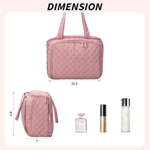SUNRISING Travel Toiletry Bag, Lightweight Large Wide-open Travel Bag for Women, Puffy Cosmetic Makeup Bag Organizer with Handle for Accessories Essentials Toiletries - Pink