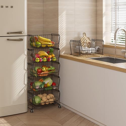 PUSDON Matte Black 6-Tier Stackable Wire Storage Cart with Lockable Wheels