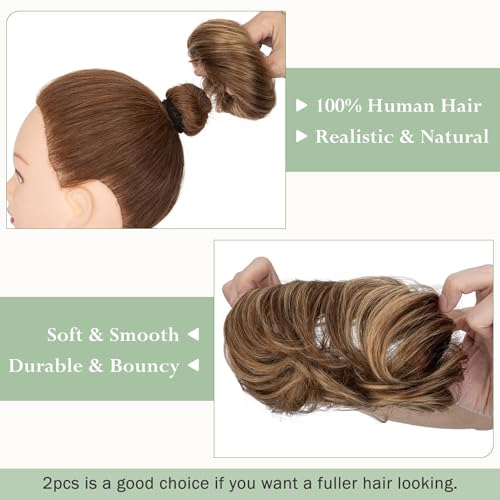 Human Hair Messy Bun Hairpiece with Highlighted Dark Brown and Honey Blonde Variation 4RP27 / L