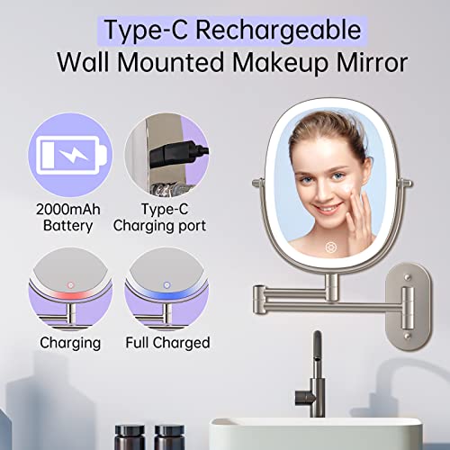 Lighted Wall Mounted Makeup Mirror, Double Sided 1X/7X Magnifying Mirror, 3 Color Lighting Option Dimmable, 360 Rotation Extension Foldable Arm, Oval Frame Rechargeable Vanity Mirror with Lights