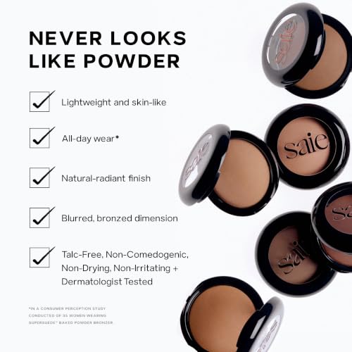 Saie SuperSuede Radiant Baked Bronzer - Amalfi (Light to Medium) - Hydrating, Long-Lasting, Vegan Face Bronzer with Squalane + Jojoba