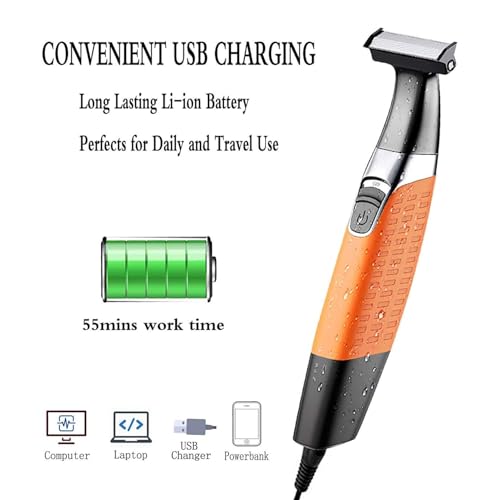 KEMEI Waterproof Cordless Beard Trimmer Men with Orange Variation, USB Rechargeable Body & Hair Groomer