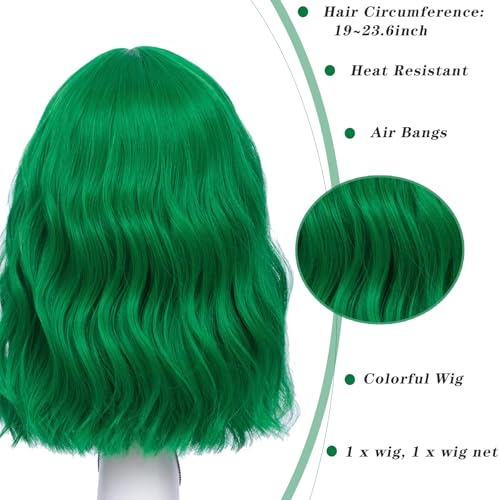 LABEAUTÉ Green Wavy Bob Wig with Air Bangs - 14 Inch Mint Green Cosplay Wig