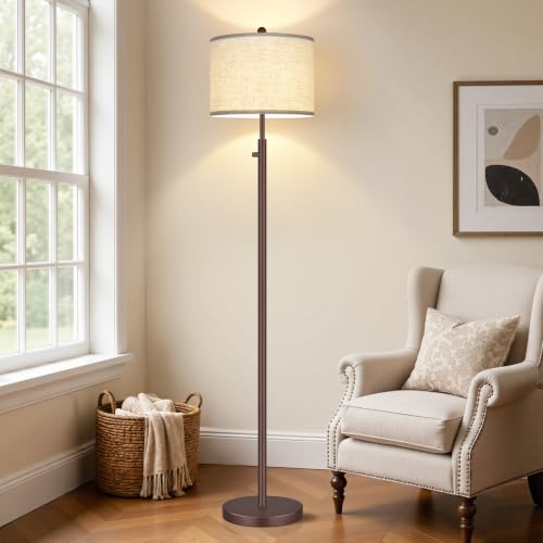 Dimmable Floor Lamp with Linen Shade - Matte Brown Tall Standing Light, 11W LED Bulb Included