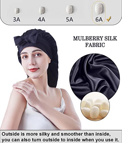 X-Large Mulberry Silk Sleep Bonnet for Curly Hair - Black, Adjustable Tie Band