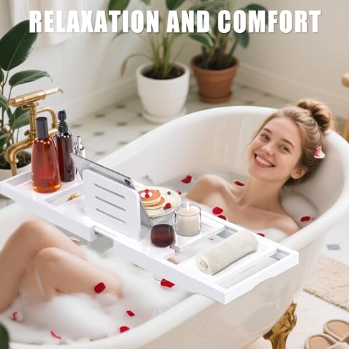 Bathtub Tray Caddy,Premium Bamboo Expandable Bath Tub Trays Table, Foldable Bathroom Accessories,Great House Warming, Anniversary and Birthday Gifts,White