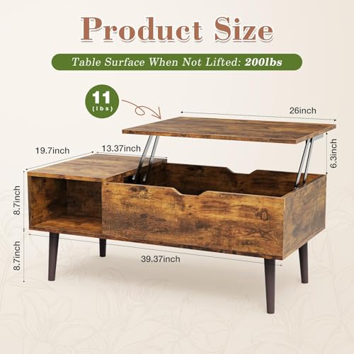 Rustic 19.7x39.4-inch Lift Top Coffee Table with Hidden Storage - OLIXIS