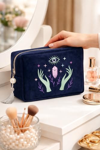 Velvet Zipper Pouch for Tarot Decks Crystals and Makeup - Mystical Organizer with Embroidery