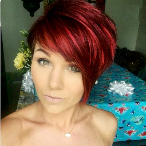 HOTKIS T1B/99J Pixie Cut Human Hair Wig with Side Bangs, Short Bob, Glueless, Natural Straight, Black Burgundy Two Tone for Women