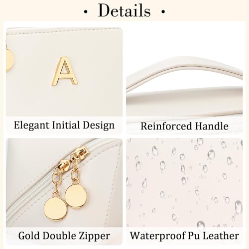 KKXIU Initial Makeup Bag for Women - Personalized Beige Gift