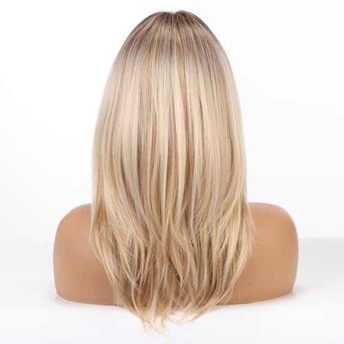 Allbell Mixed Blonde Curtain Bangs Wig - Medium Length Layered Synthetic Hair