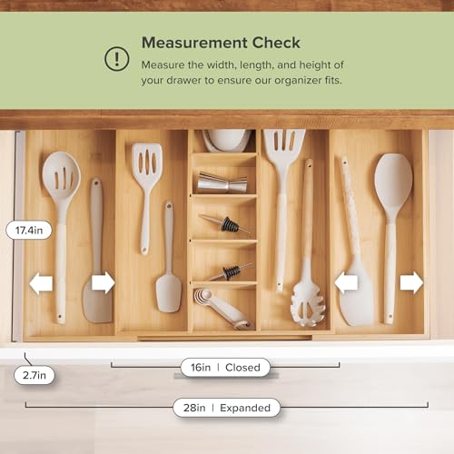 KitchenEdge Bamboo Drawer Organizer - Adjustable 16-28 Inch Kitchen Utensil Tray