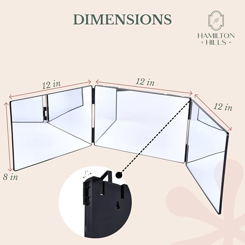 Hamilton Hills Adjustable Trifold Mirror - 360 Degree 3-Way Barber Mirror for Hanging or Wall Mounting - Triple-Section Panel for Haircuts, Braiding, and Makeup - for Personal Grooming in Bathroom