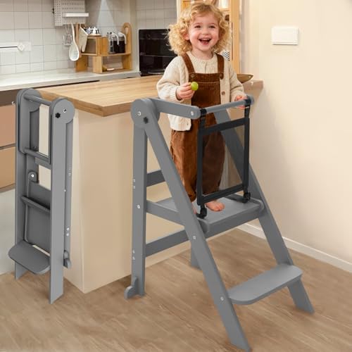 Foldable Toddler Learning Tower with Safety Nets - Gray, Adjustable Height, Space-Saving Design