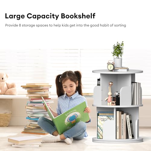 Nidouillet Rotating 2-Tier Round Bookshelf - 360° Swivel Corner Bookcase, Wooden Space-Saving Storage for Living Room & Bedroom, White