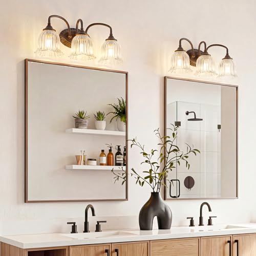 Oil Rubbed Bronze 3-Light Bathroom Vanity Light with Floral Glass Shades - Vintage Style