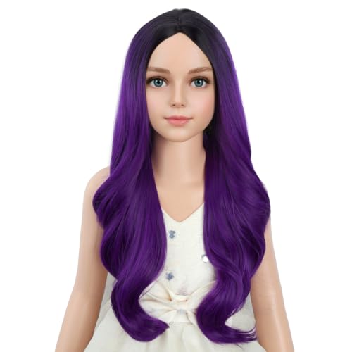 Ombre Purple Long Curly Wavy Wig for Kids Girls - Heat Resistant Synthetic Hair