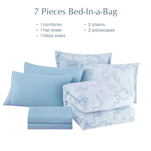Light Blue Queen Comforter Set with Bow Tufted Design, 7 Pieces - Girls Bedding