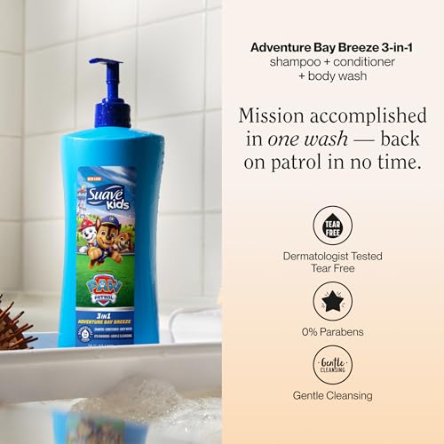 Suave Kids Paw Patrol 3 in 1 Shampoo, Conditioner, Body Wash, Adventure Bay Breeze, Tear-Free & Gentle Dermatologist Tested, 4 Count, 28 FL OZ Pump
