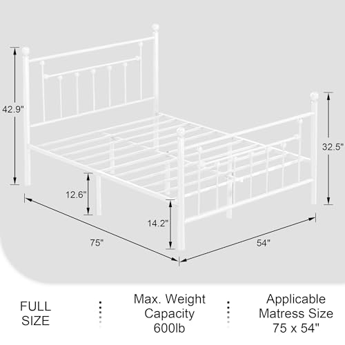 White Full Size Metal Platform Bed Frame with Headboard Victorian Style
