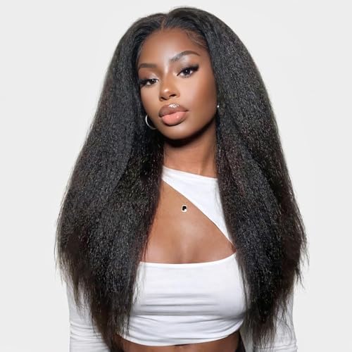 Natural Black 20in Kinky Straight V-Part Wig 180% Density, Glueless U Part Short Clip-In