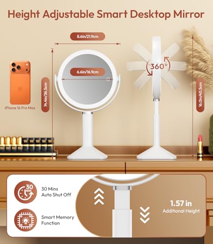 Lighted Makeup Mirror with Lights, 30X Magnification, Rechargeable Battery, Dimmable 3-Color Lights, Height Adjustable - White